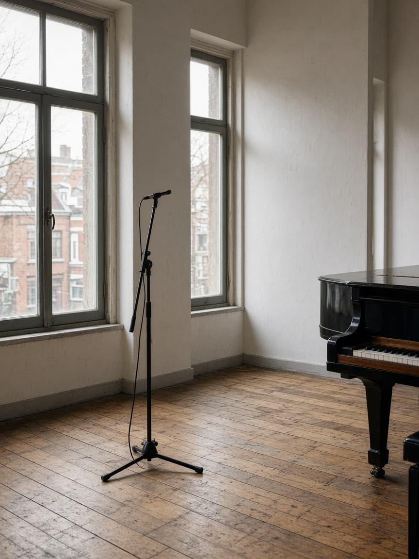 A quiet studio with a piano, a microphone stand, and tall windows.